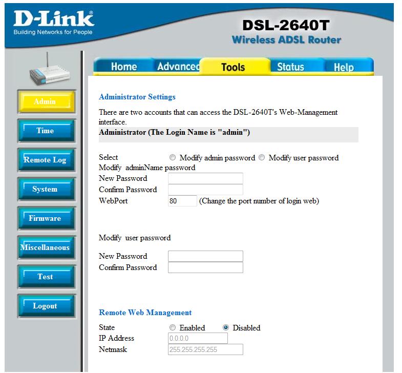 D-Link DSL-2640T: Menú de Herramientas