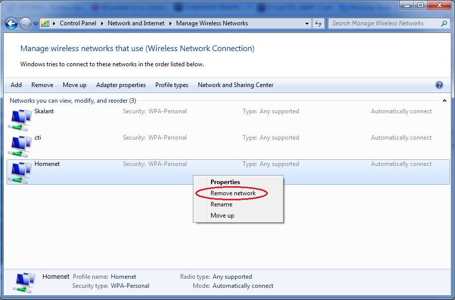 Remove a wireless network profile